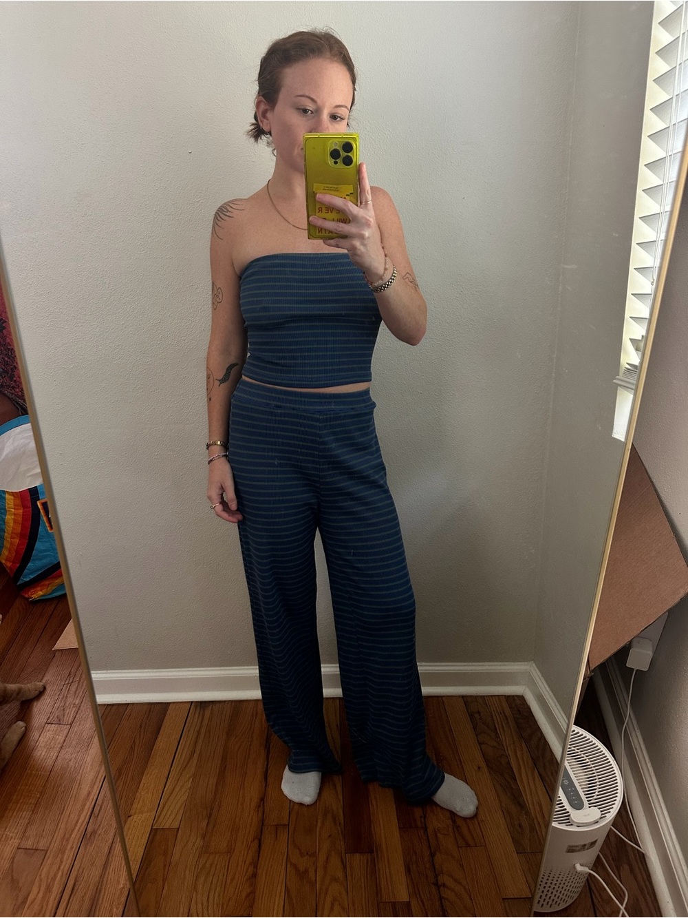 Striped blue & green Tube Top & Wide-Leg Pants Set